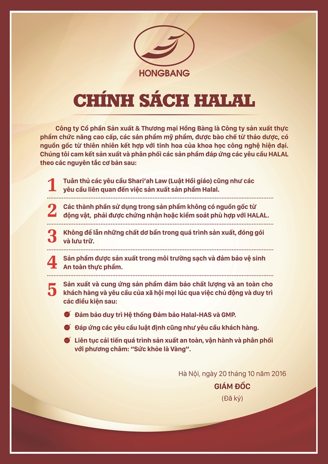 Hồng Bàng tuân thủ chính sách Halal thực phẩm chức năng